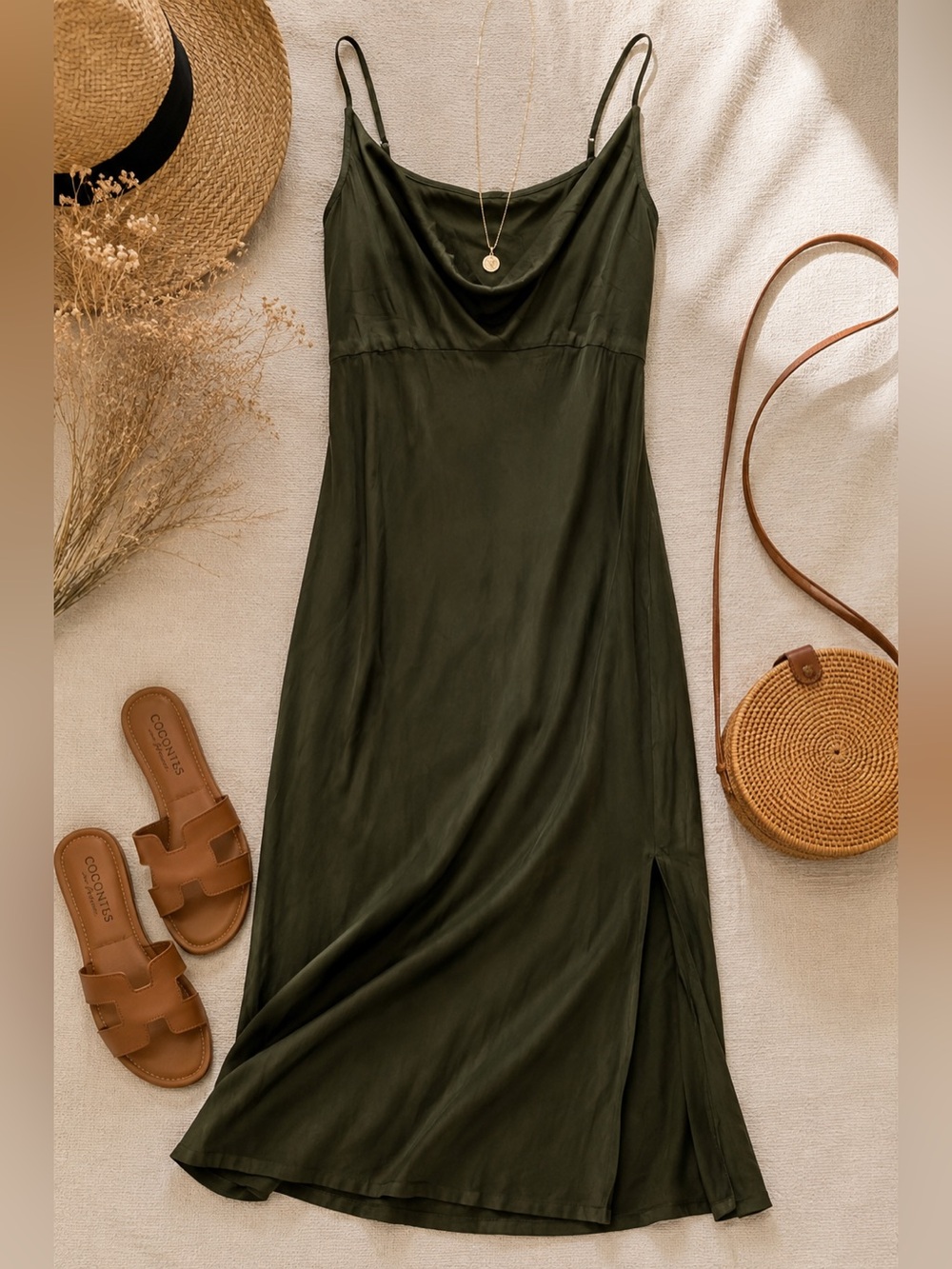 Anthropologie Olive Green Cowl Neck Slip Dress Size M 100% Viscose